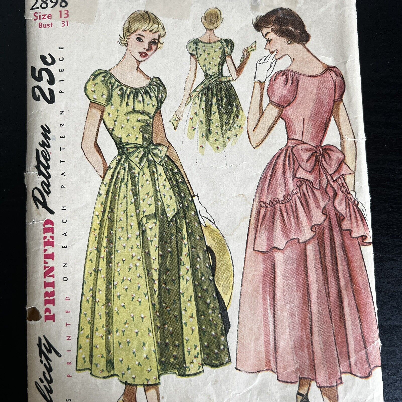 Vintage 1940s Simplicity 2898 Puff Sleeve Bustle Dress Sewing Pattern 13 XS CUT