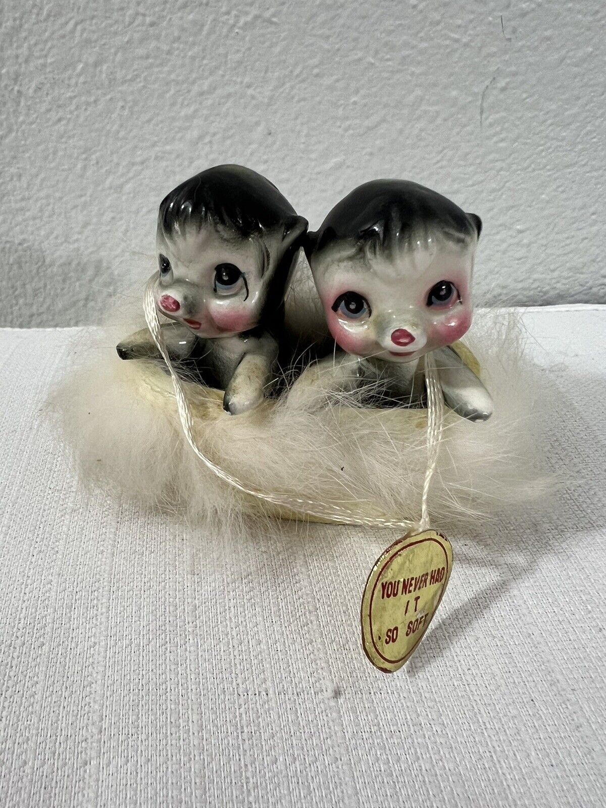 RARE Vintage Skunks In a Basket Ceramic Figurine RARE