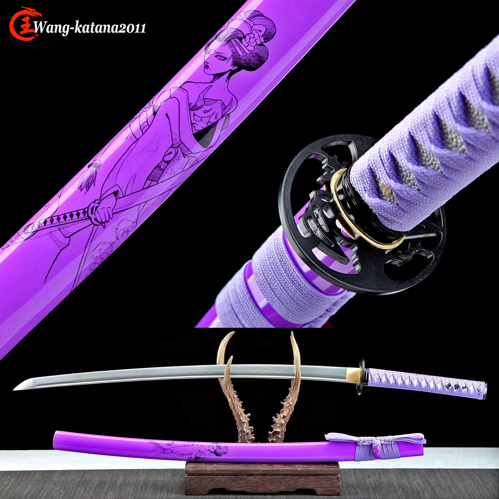 Damascus Folded 1095 Steel Purple Katana Beauty Japanese Samurai Sharp Sword New