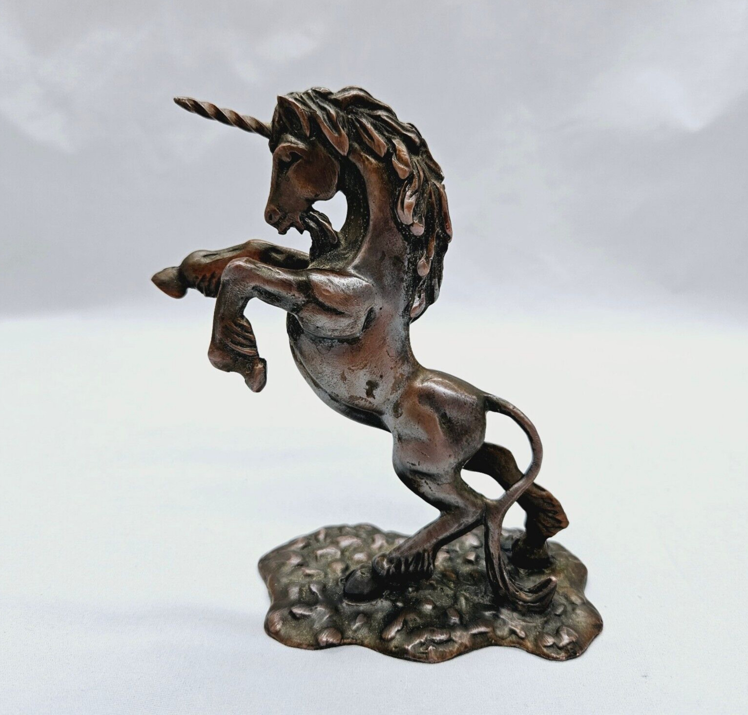 Vintage 70s Cast Bronzed Metal Rearing Unicorn Statue Mystical Fantasy Figurine
