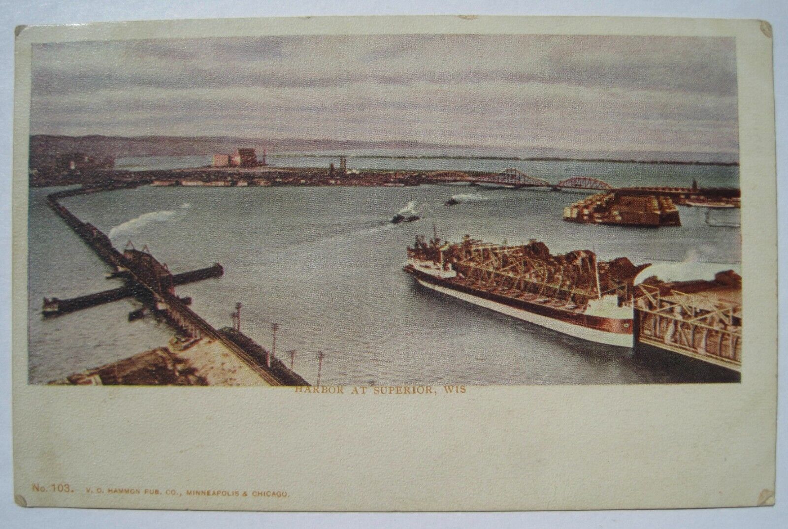 Superior WI Harbor, Bridges Old Early 1900s UDB Wisconsin Postcard