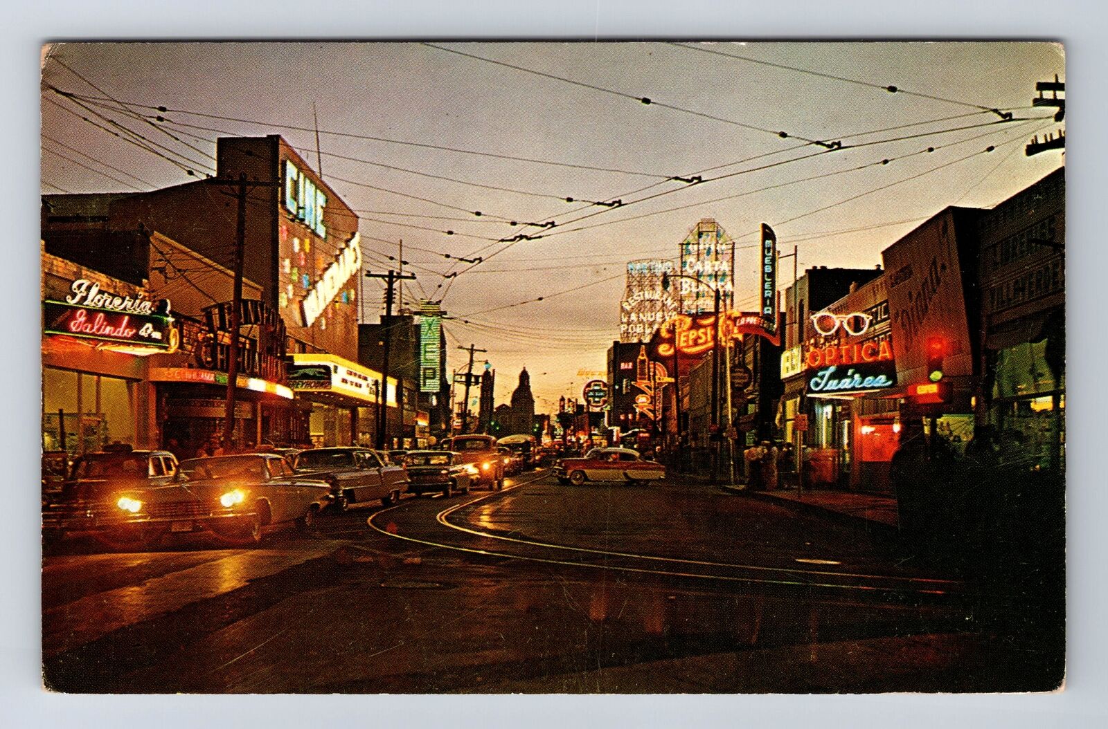Ciudad Juarez Mexico, Night, September Avenue, Pepsi-Cola, Vintage Postcard