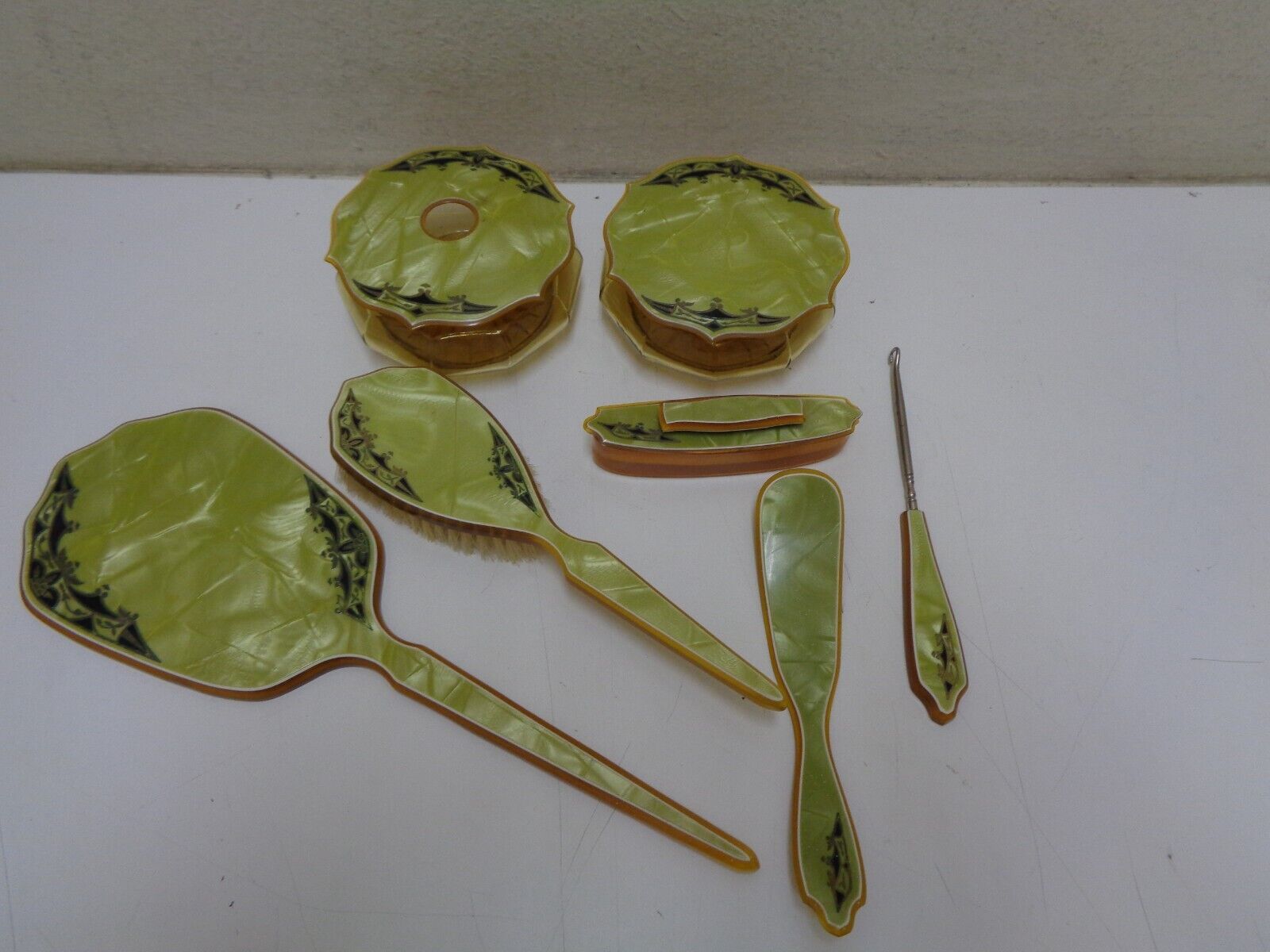 Vintage Pearlized Green Celluloid & Porcelain Vanity Dresser Set 7 Pieces