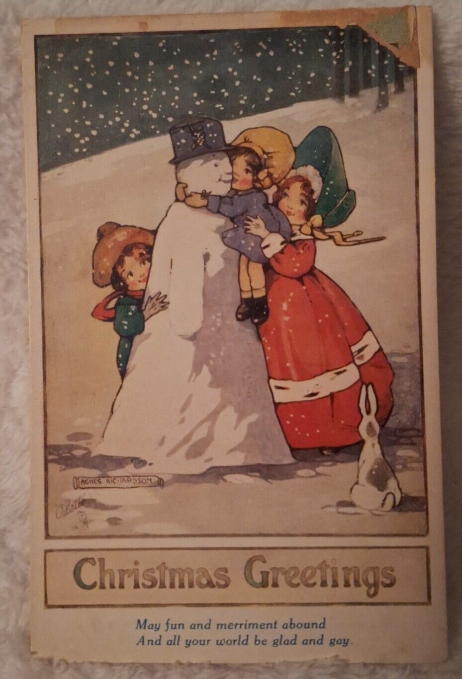 Christmas Greetings Postcard Antique~ Vintage~ ~Tucks Oilette~snowman~children