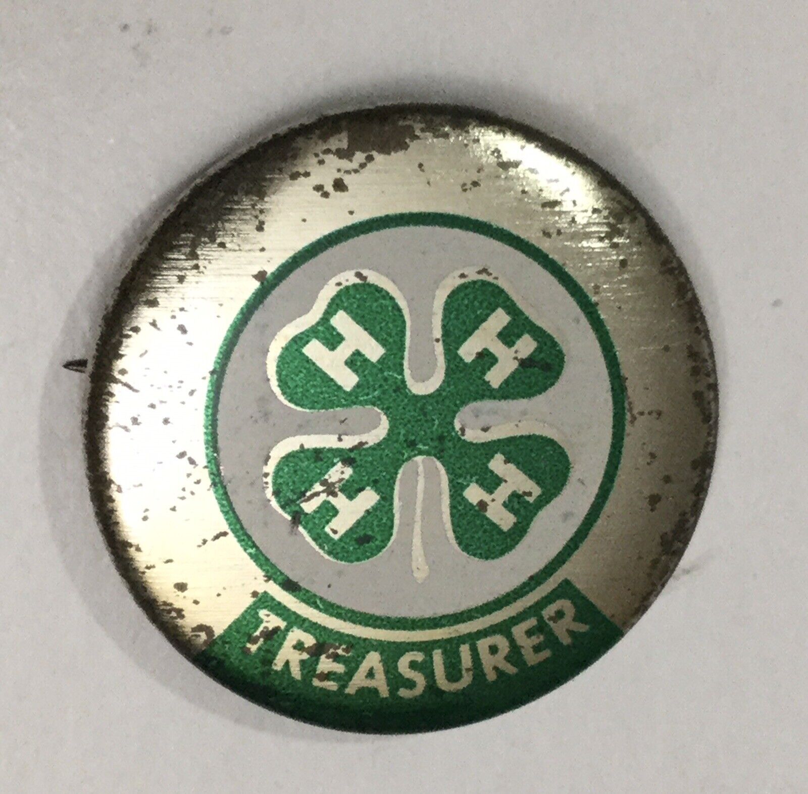 Vintage 4H Treasurer Pinback Button Gold,Green,White-Colored