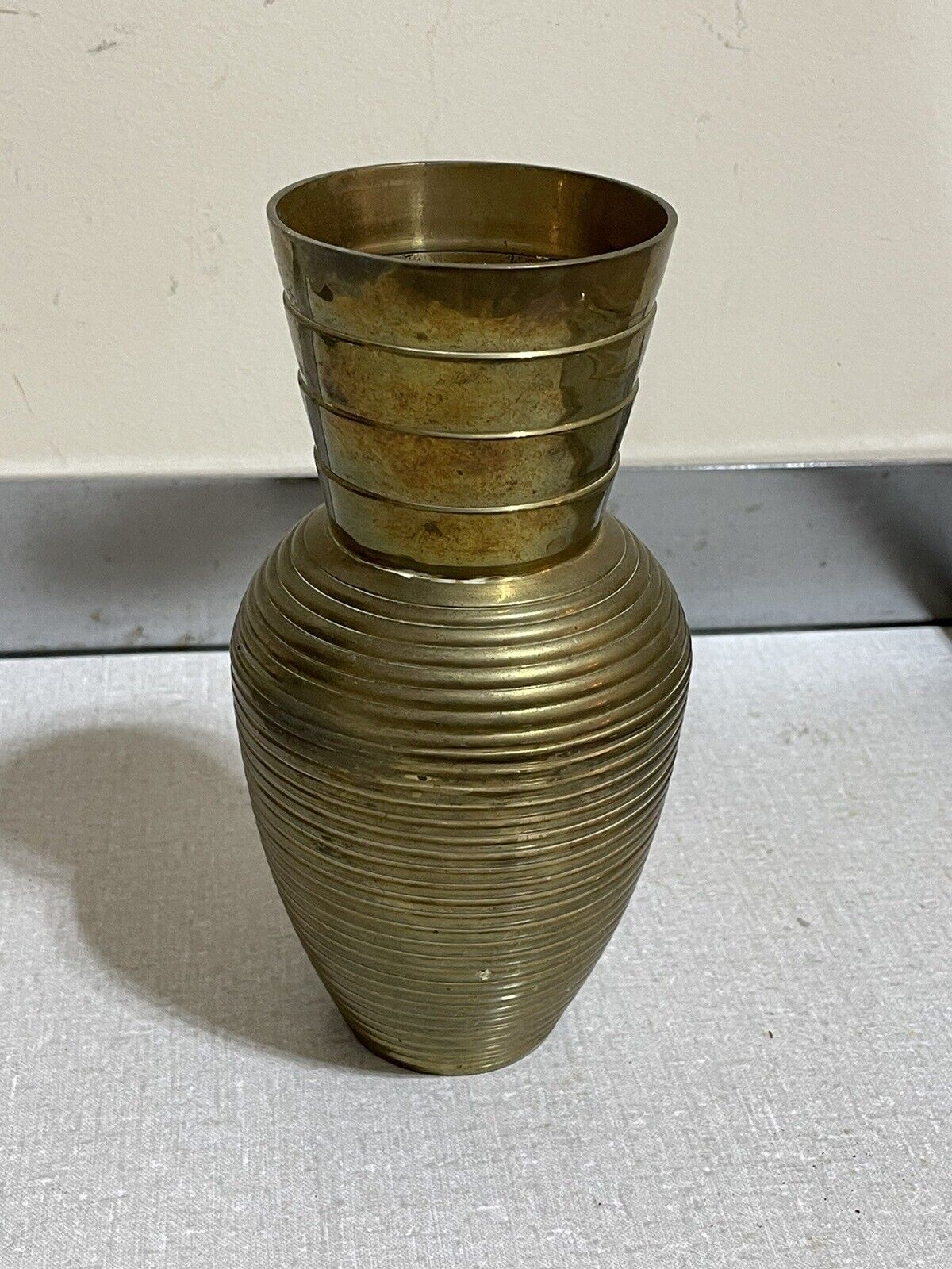 VTG MCM Solid Brass Vase 7” Tall