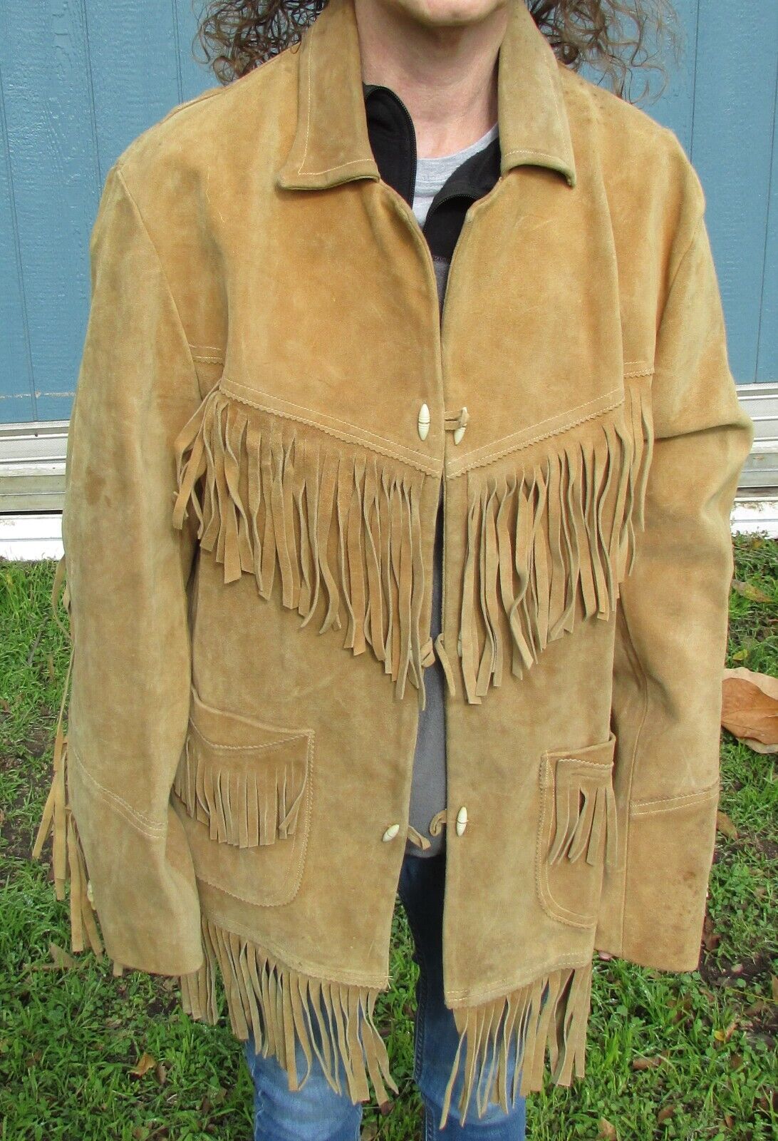 Vintage 70's HEAVY Buckskin Suede Leather Coat FRINGE Cowboy Western Yellowstone