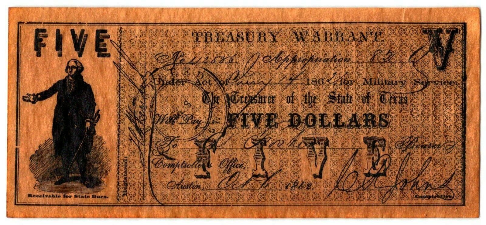 VTG Reproduction~ Souvenir $5 Treasurer Of the State Of Texas Treasury Warrent