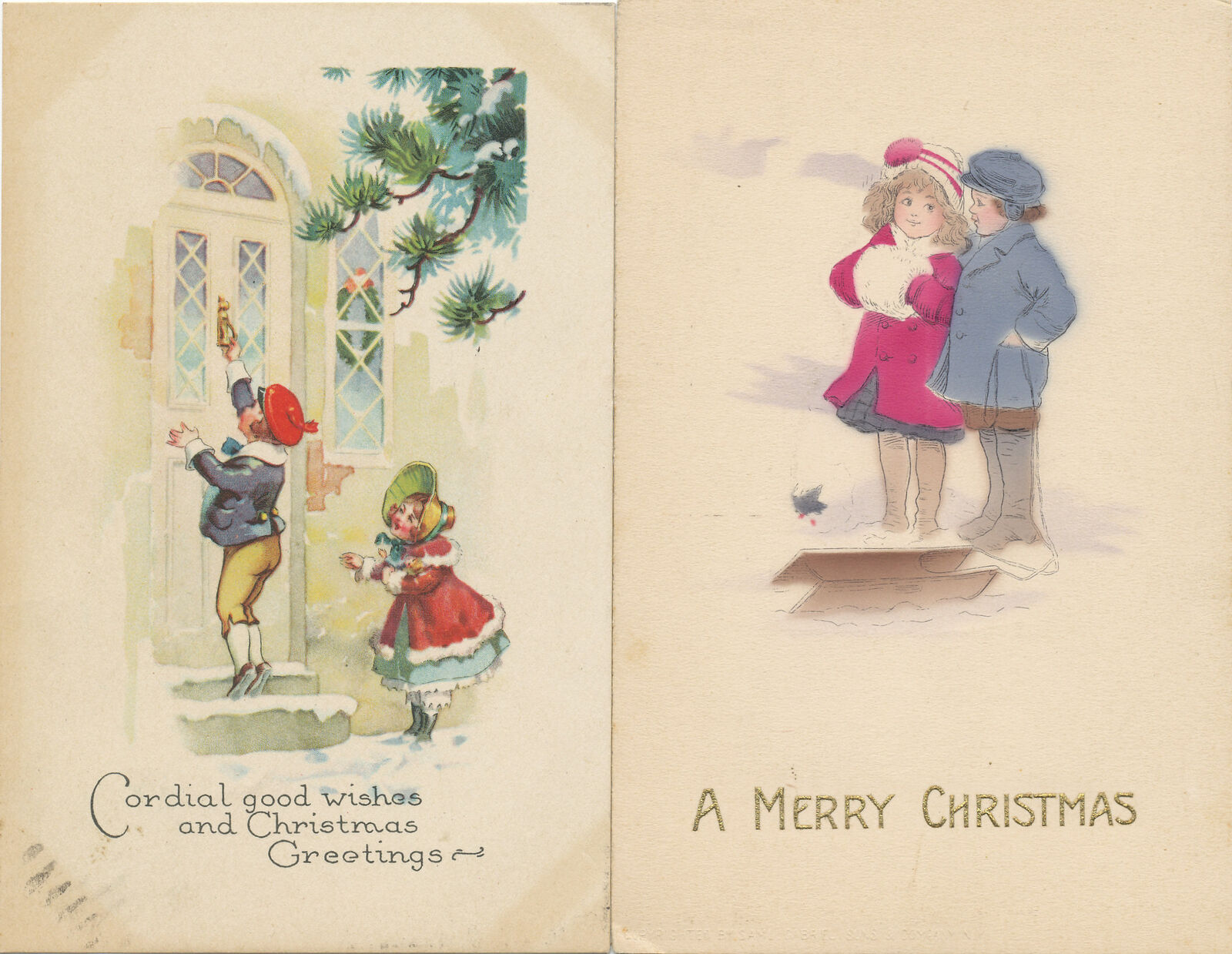 2 postcards: CHRISTMAS - ADORABLE CHILDREN - hand colored - Knocking on Door