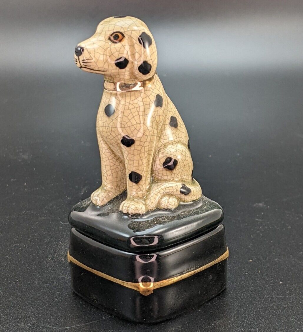 Vintage Eximious Spotted Dalmatian Dog Lid Trinket Box Mini Figure