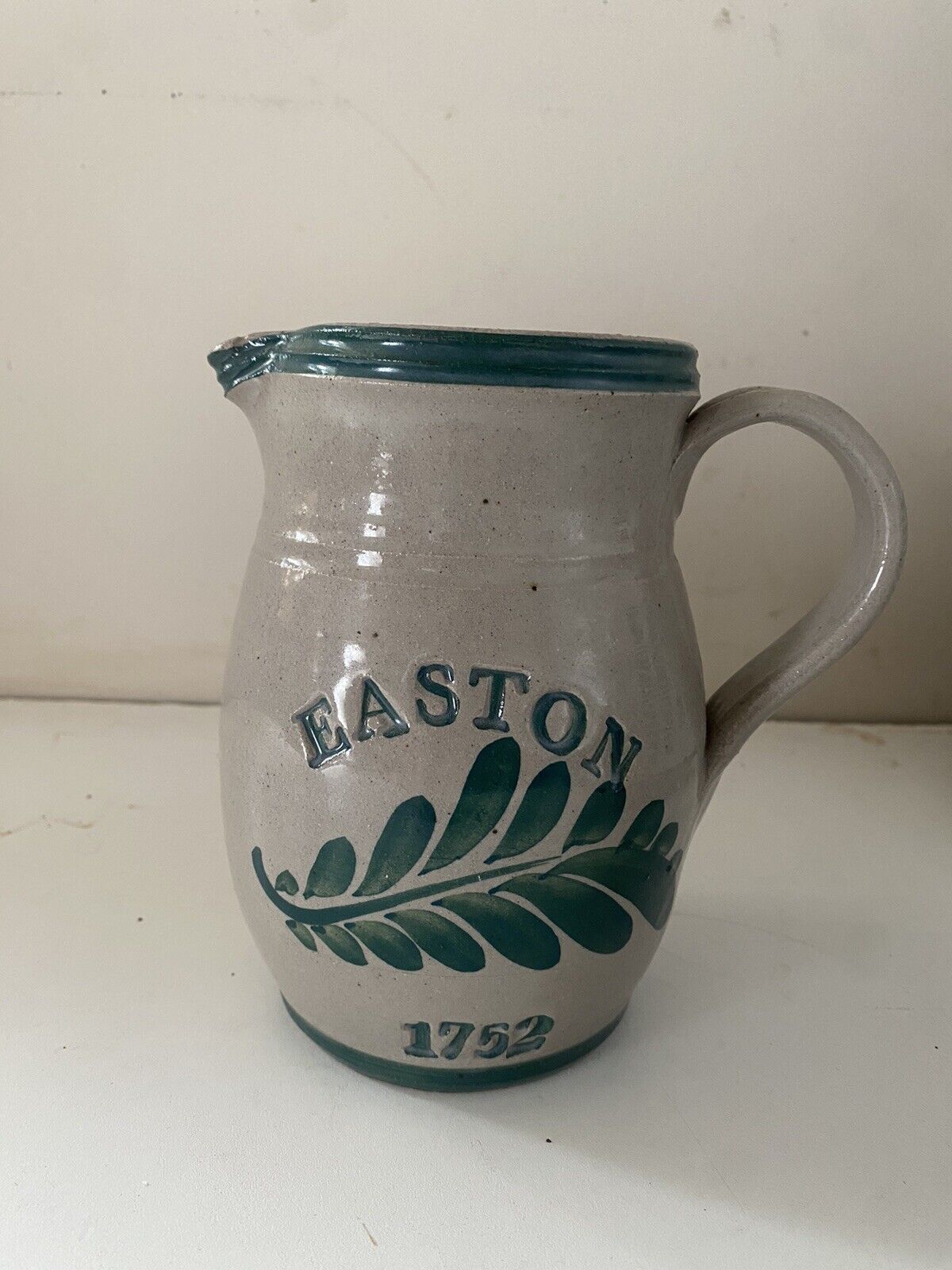 Vintage Hand Made Signed Clay Pitcher Easton 1752 Green Leaf Green Trim