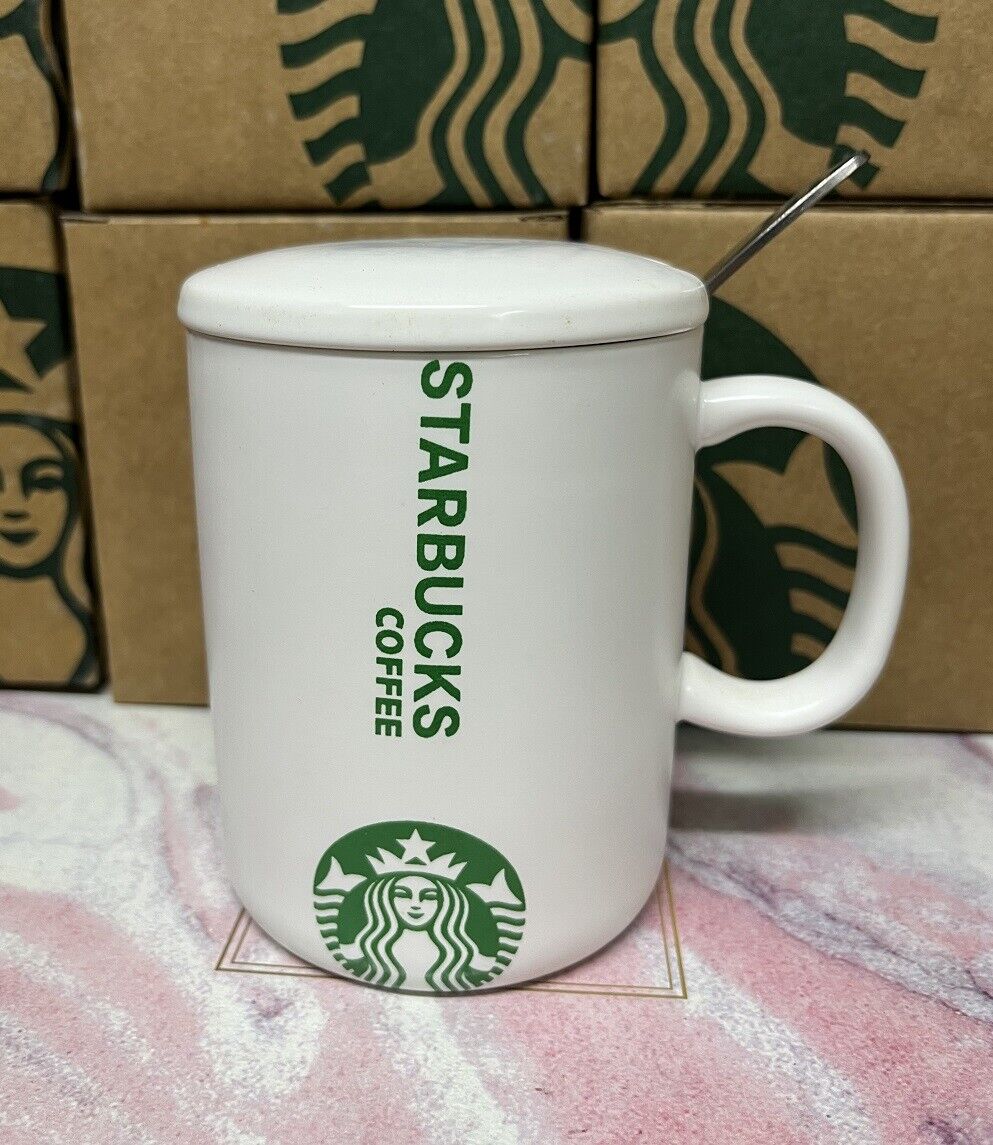 New Starbucks White Coffee Mugs Ceramic Lid Stainless Steel Spoon Cup Cups Gifts