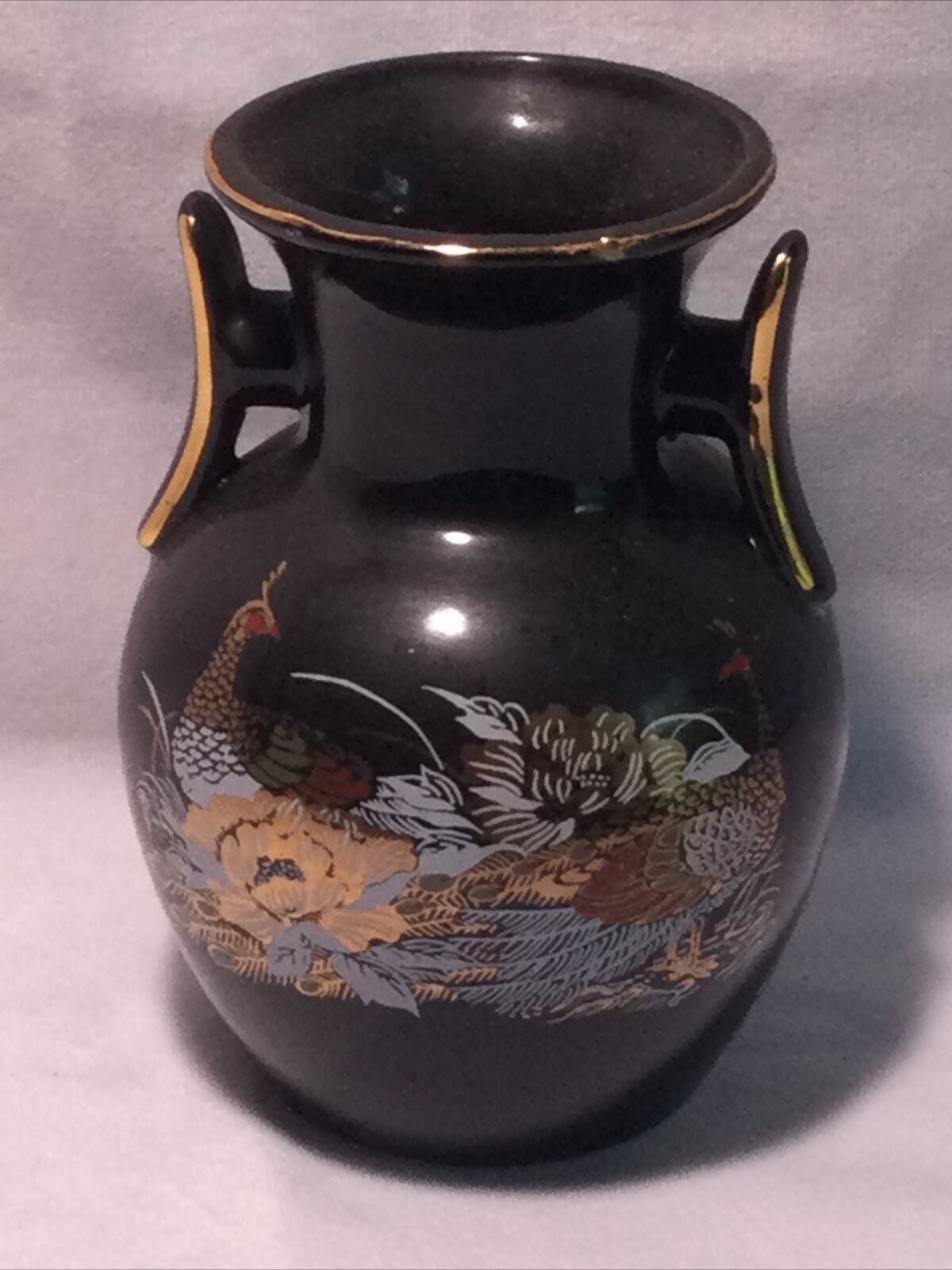Japanese Porcelain squat Vase Black Pheasants