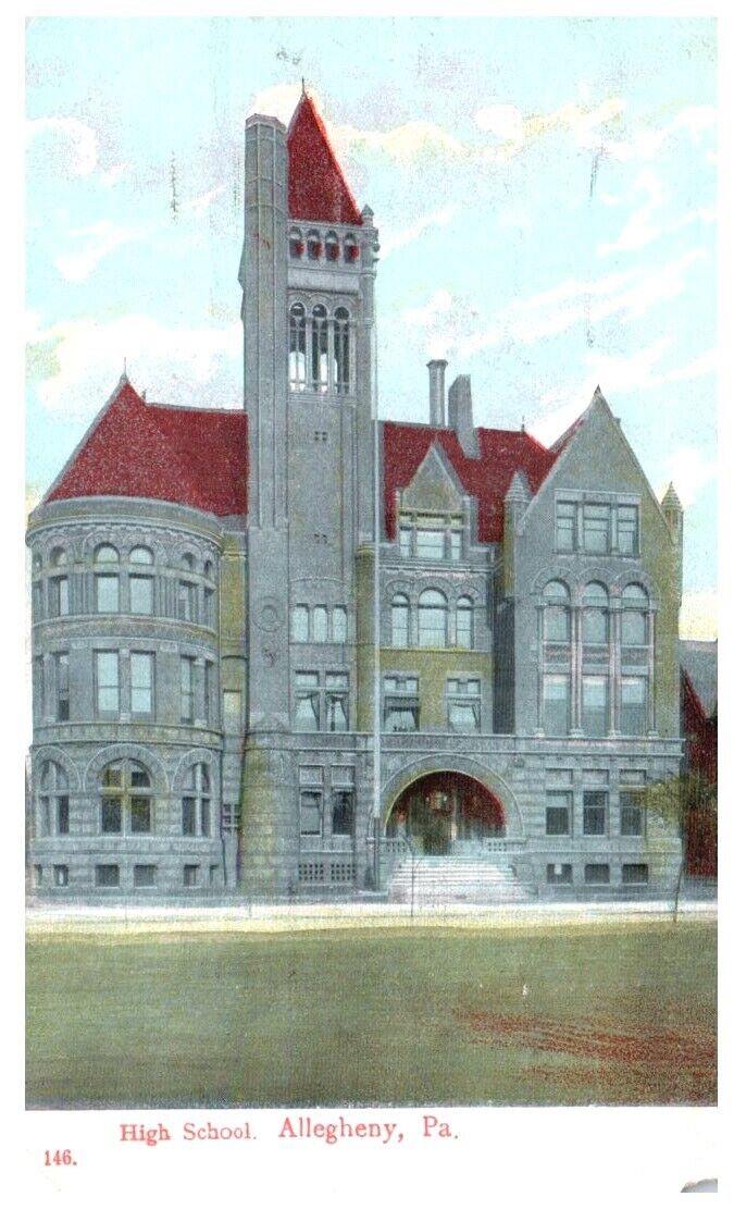 HIGH SCHOOL,ALLEGHENY,PA.VTG 1909 POSTCARD CORNER DAMAGE*D14