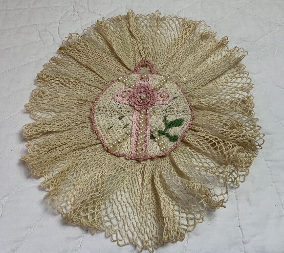 Hand Made Vintage Doily, With Embellishments, Very light Beige, Pink, Pearls