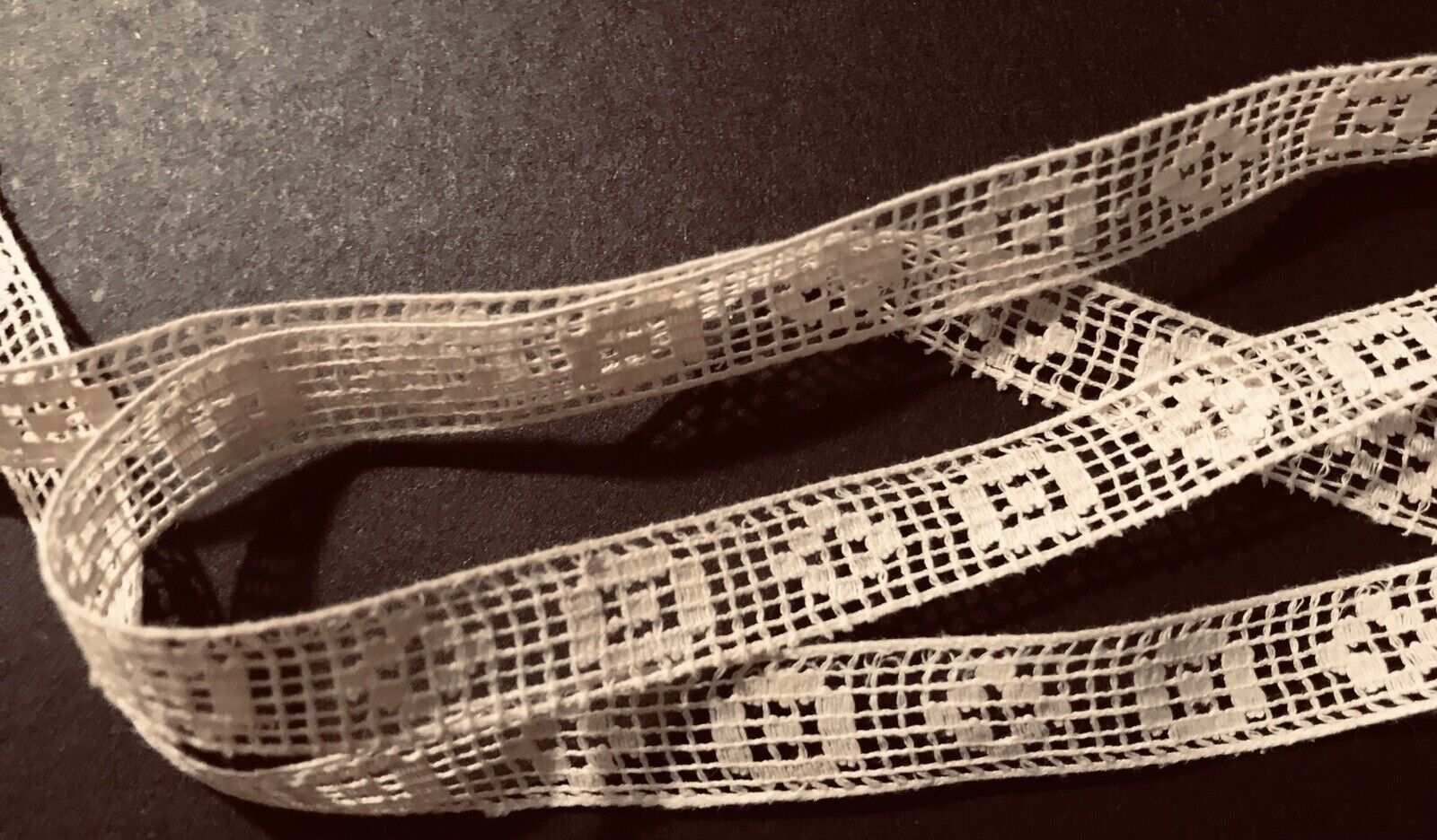 Antique Italian Sardinian Net Darning Cute Off-white  Insertion Lace 35 x 3/8\