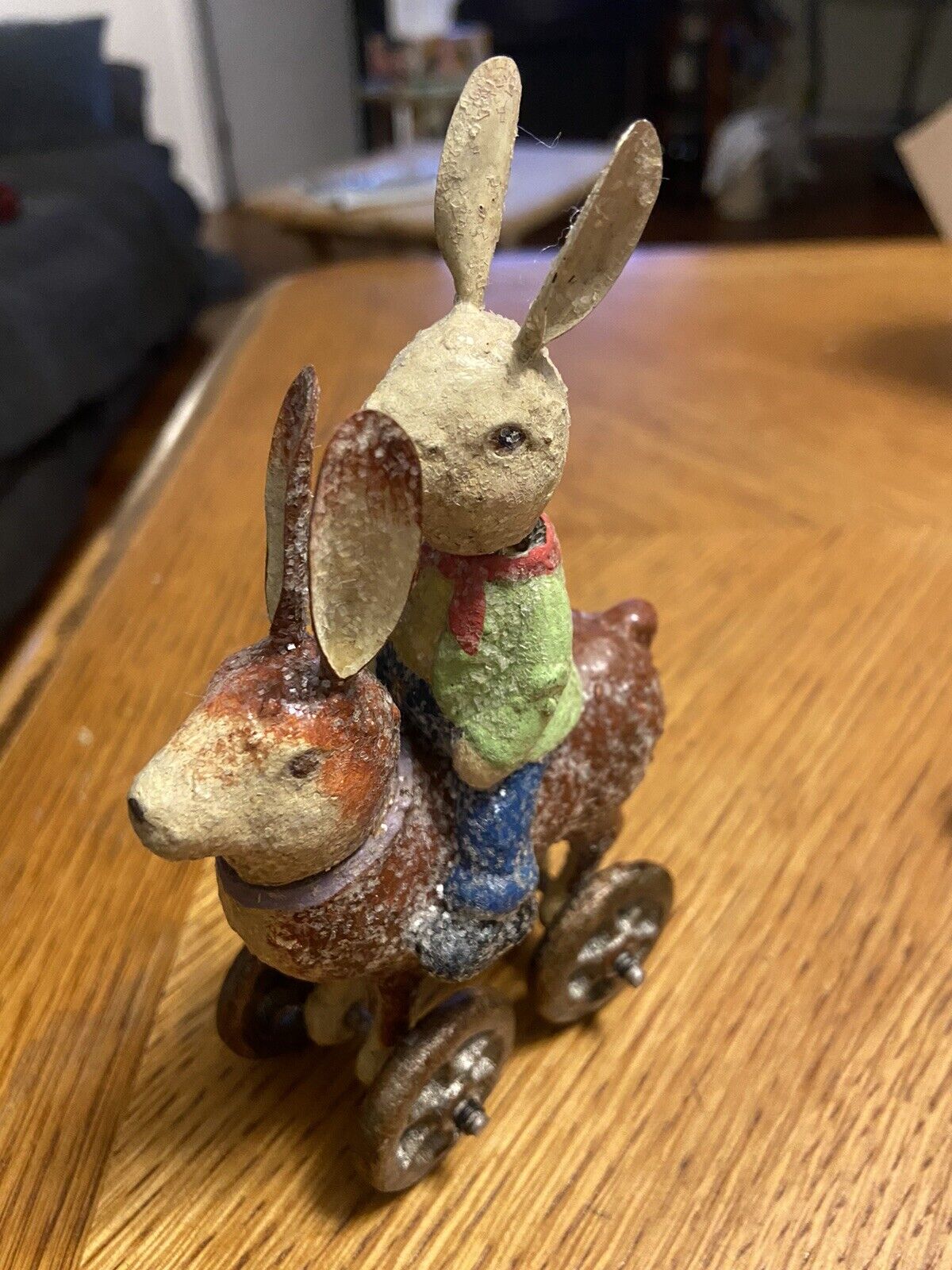 Vtg Bobble Head Glittered Easter Bunny Riding Rabbit Pull Toy Deco Bethany Lowe?