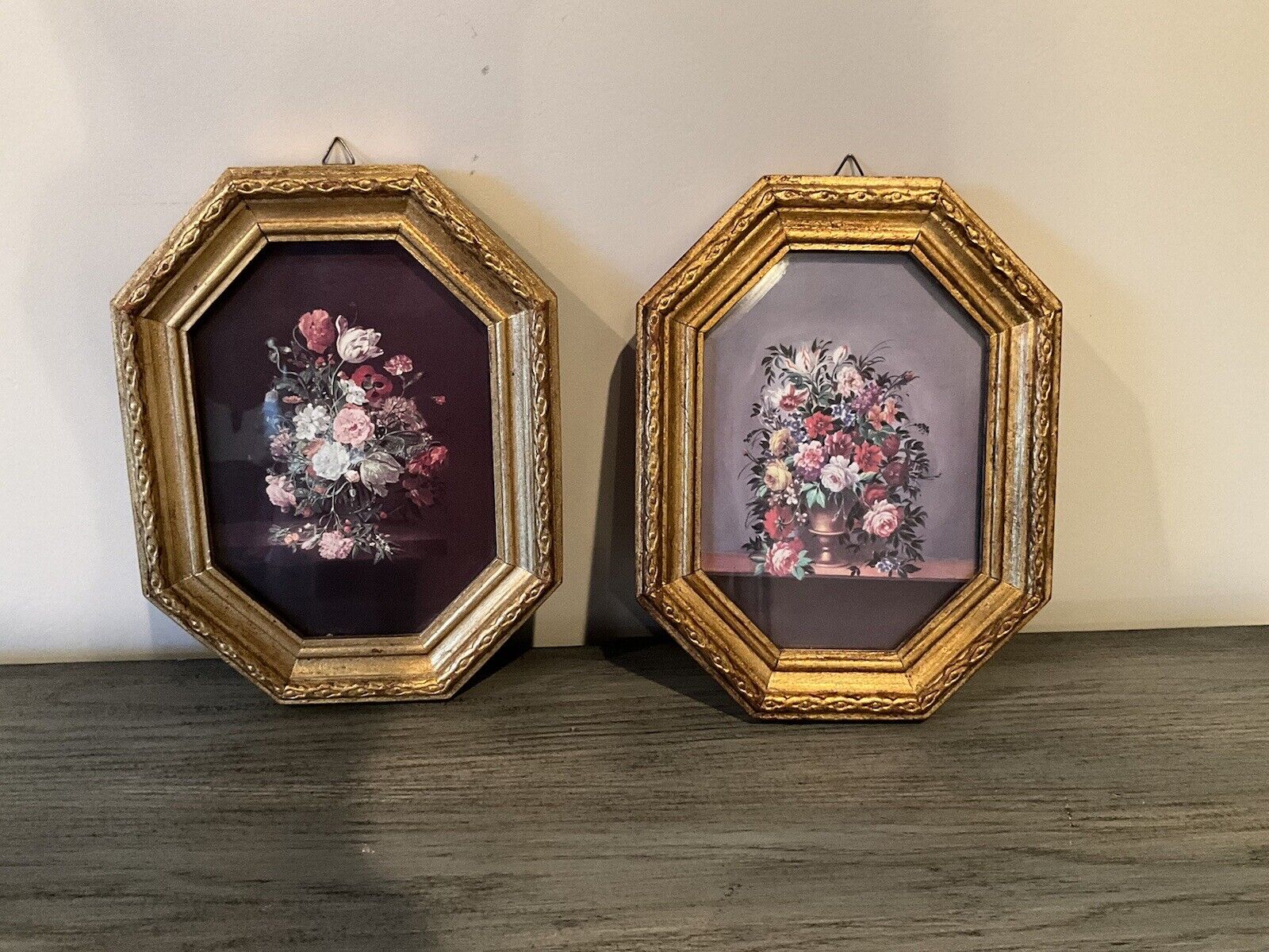 Vintage Set Of Pictures Octagon Shape Made In Italy 9x7” Floral Pattern  