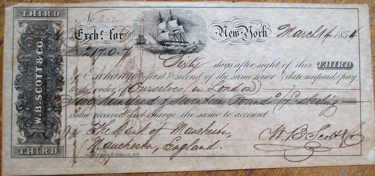 Bank Check/Third of Exchange 1854 w/Ship Vignette-Manchester/London, England, UK