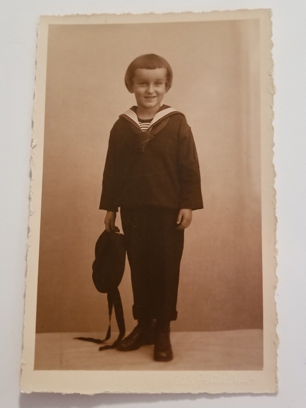 Vintage Real Photo Postcard German Child Boy Sailor Outfit Very Short Bangs 