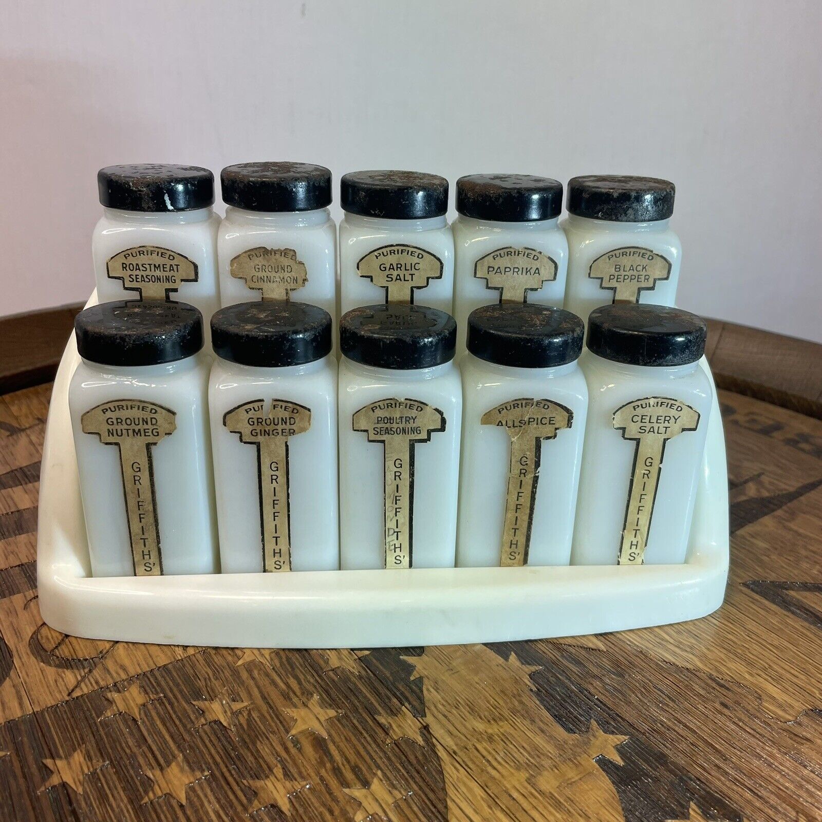 Vintage 10 Pc Griffiths Spice Set Milk Glass Black Lids with Original Stand