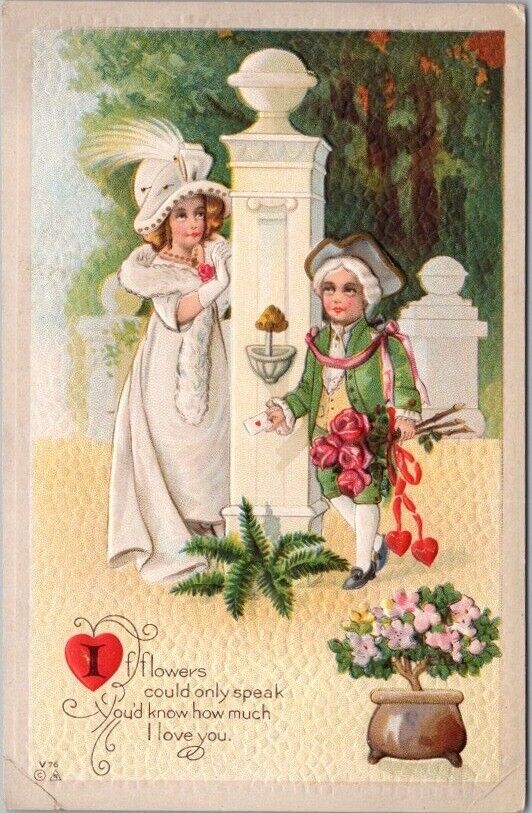 1910s VALENTINE\'S DAY Greetings Postcard Colonial Boy w/ Pink Roses for Girl