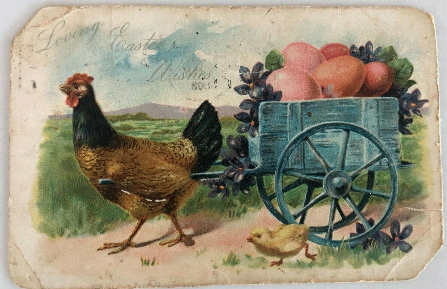 c.1908 Loving Easter Wishes Postcard Tuck\'s Hen Pulling Colored Eggs Cart Chick