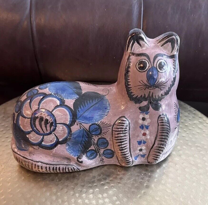 Vtg Mexican Tonala Cat Pottery Folk Art Handpainted 11” Long Lavender Blue NOTE