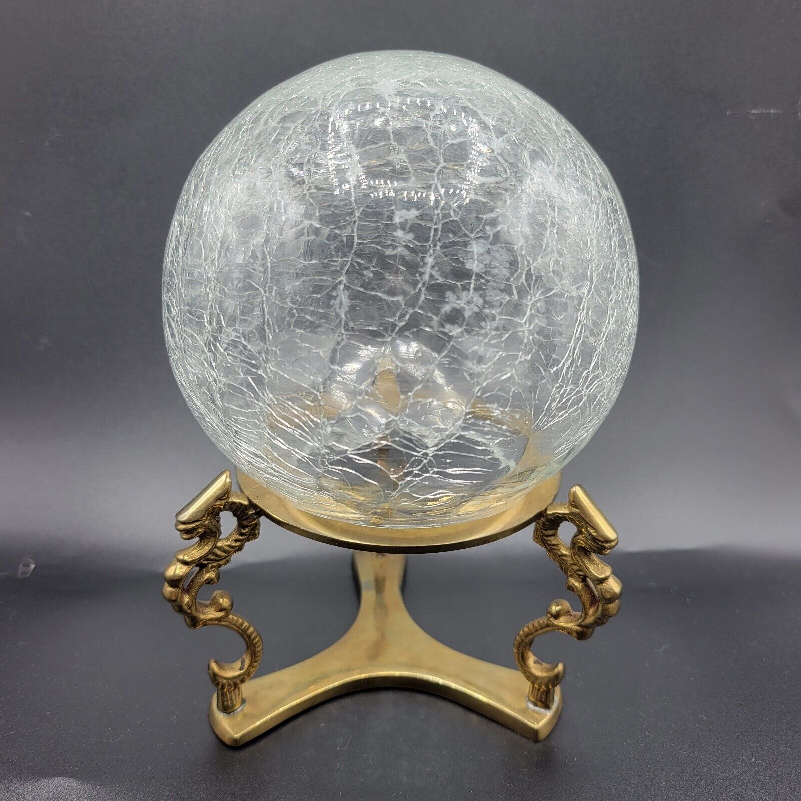Vintage Crackle Glass Bubble Orb Bowl Sphere On Solid Brass Stand With 3 Dragons