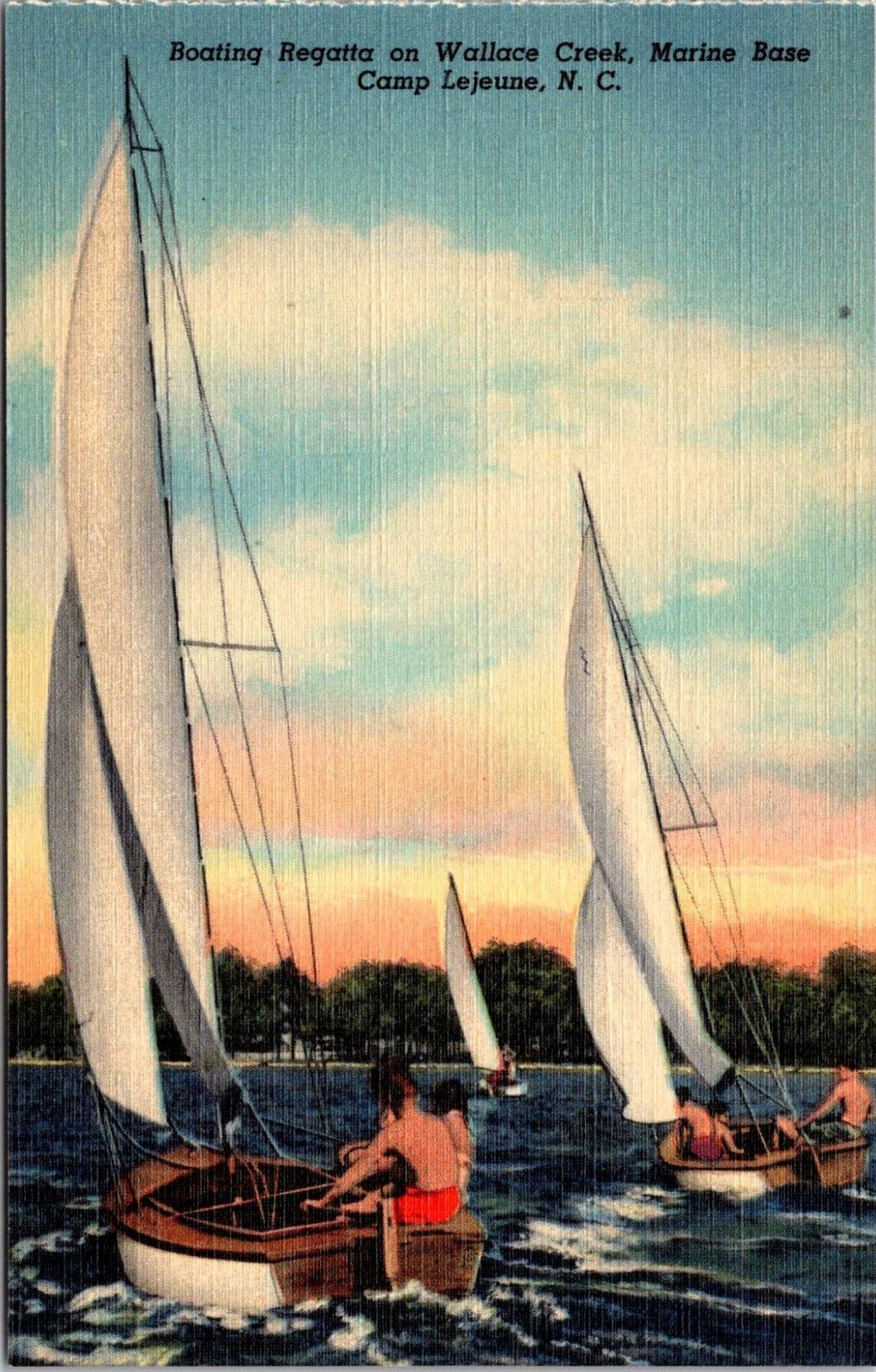 Postcard Camp Lejeune NC Boating Regatta on Wallace Creek Marine Base 1940s