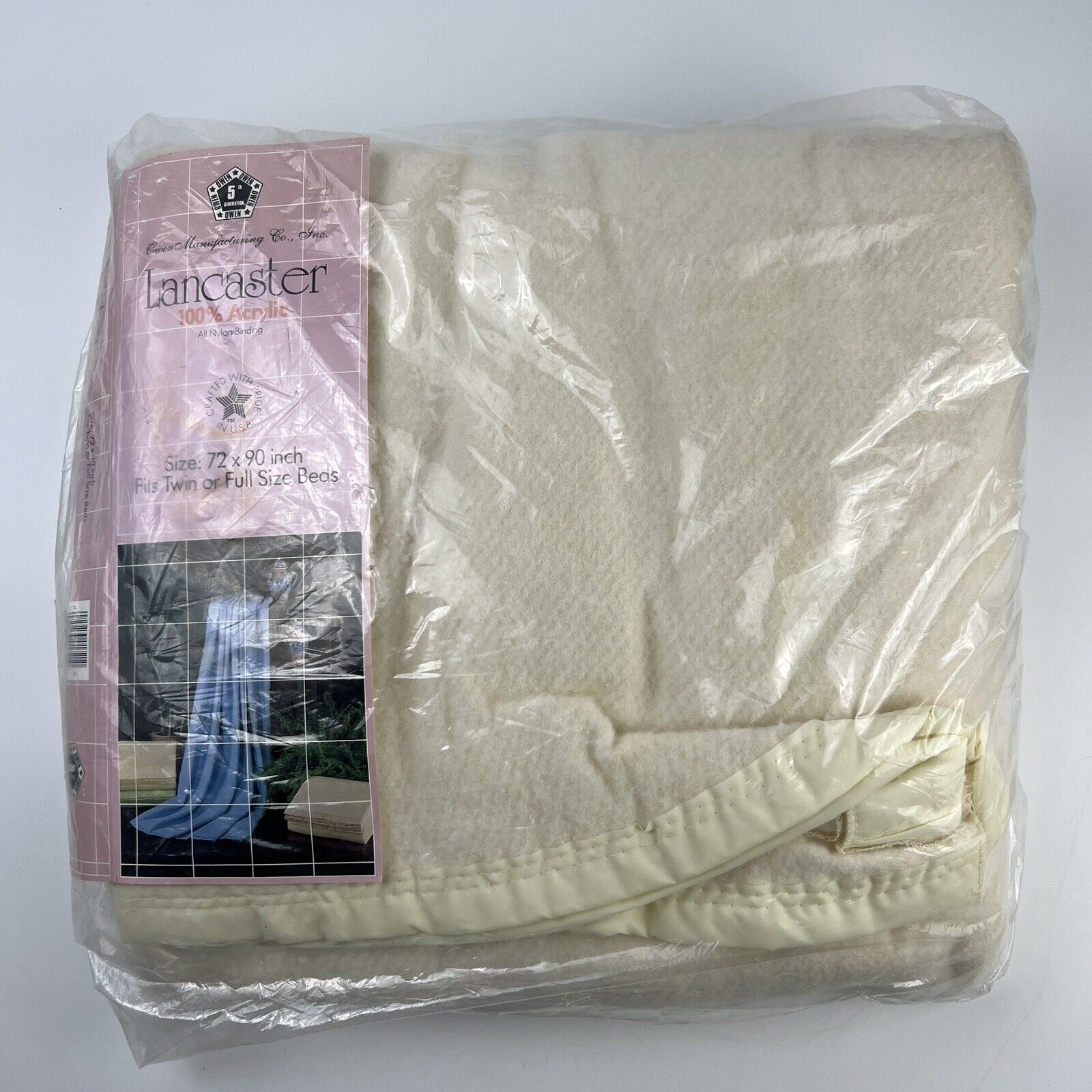 Vtg Owen MFG Co Nylon Binding Acrylic Thermal Blanket Cream Made In USA 72X90”