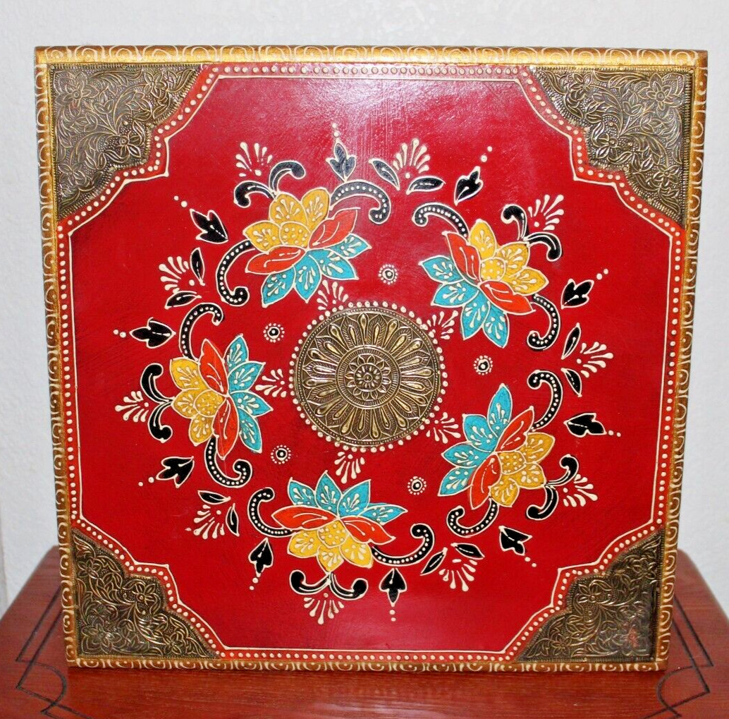 Wooden Puja Chowki/Bajot/Patla Red Gold Hand Painted by India Artisans 14.75