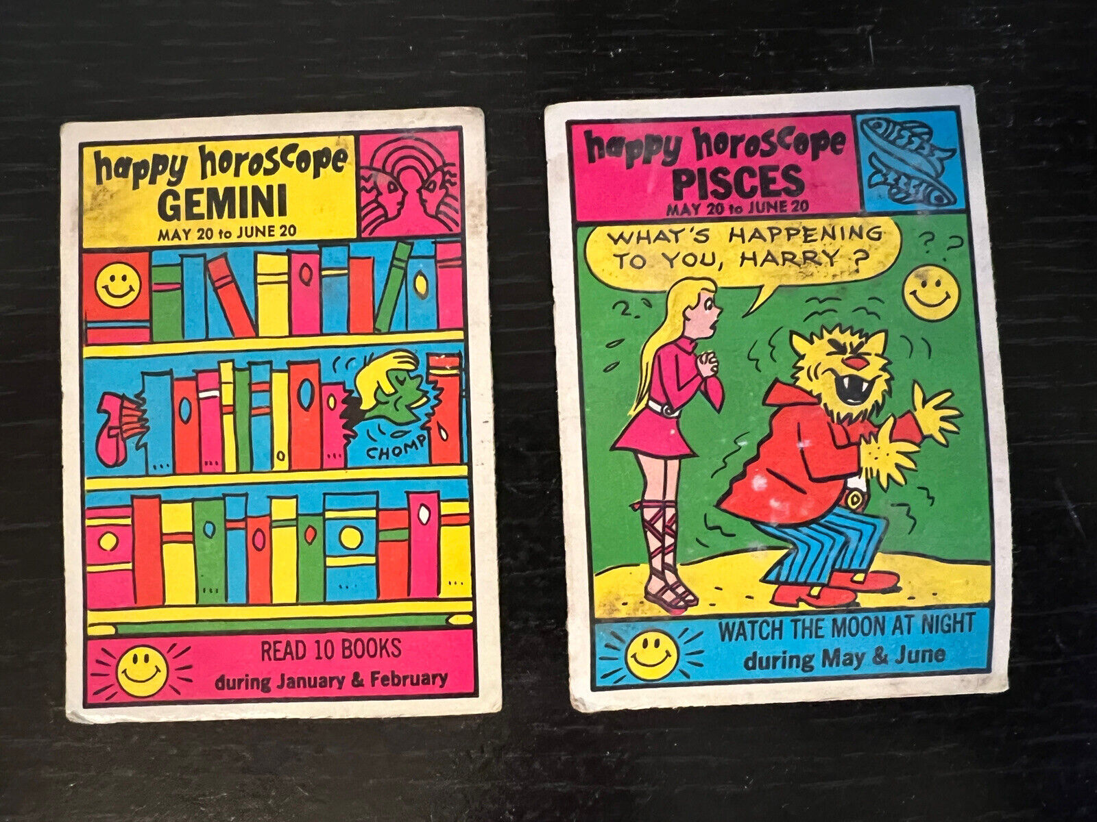 1972 Philadelphia Gum Happy Horoscope Trading Cards LOT of 2 Gemini Pisces