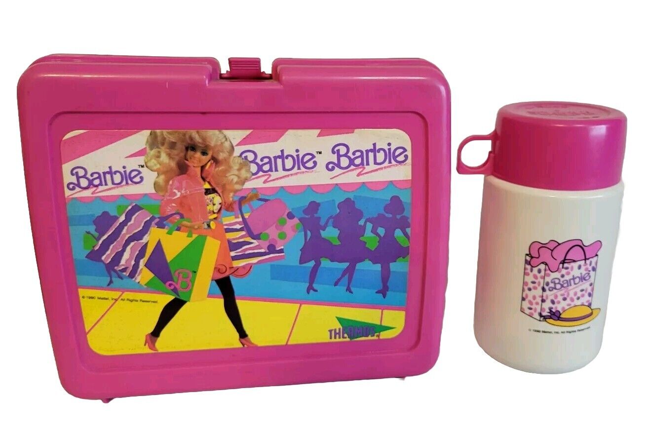 Vintage Barbie Plastic Shopping Lunchbox and Thermos 1990 Mattel Very Good