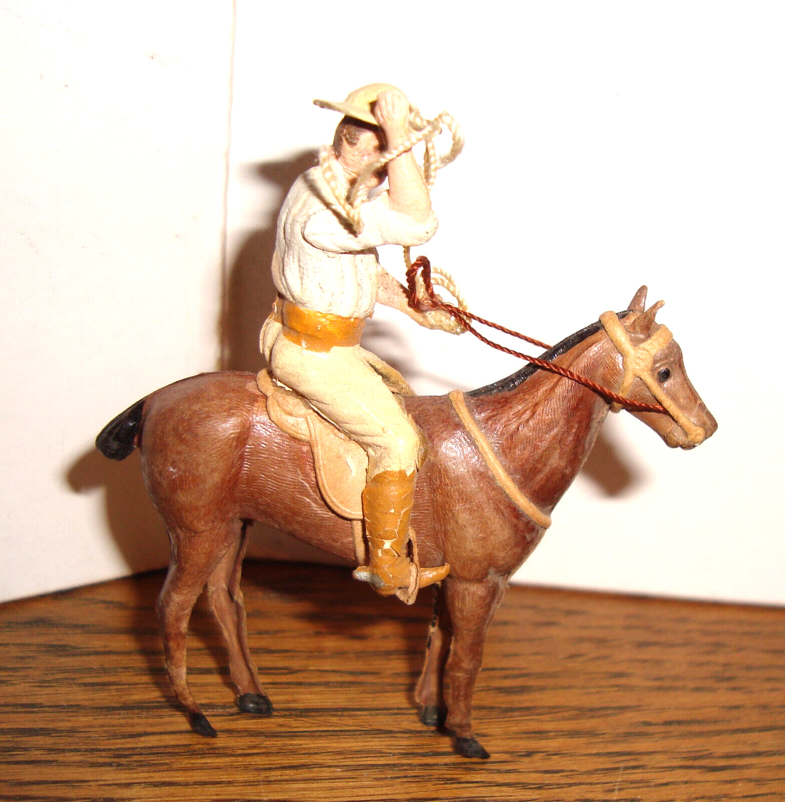 RARE Antique German  3D DRESDEN COWBOY GAUCHO on HORSE  Ornament  1900s