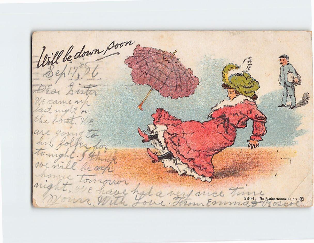 Postcard Will be down soon with Slipping Woman Mailman Humor Comic Art Print