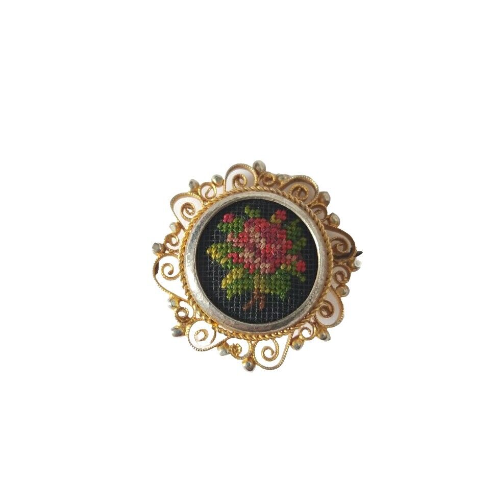 Antique Women\'s Brooch Pin Needlepoint Rose Gold Tone Art Nouveau Estate Austria