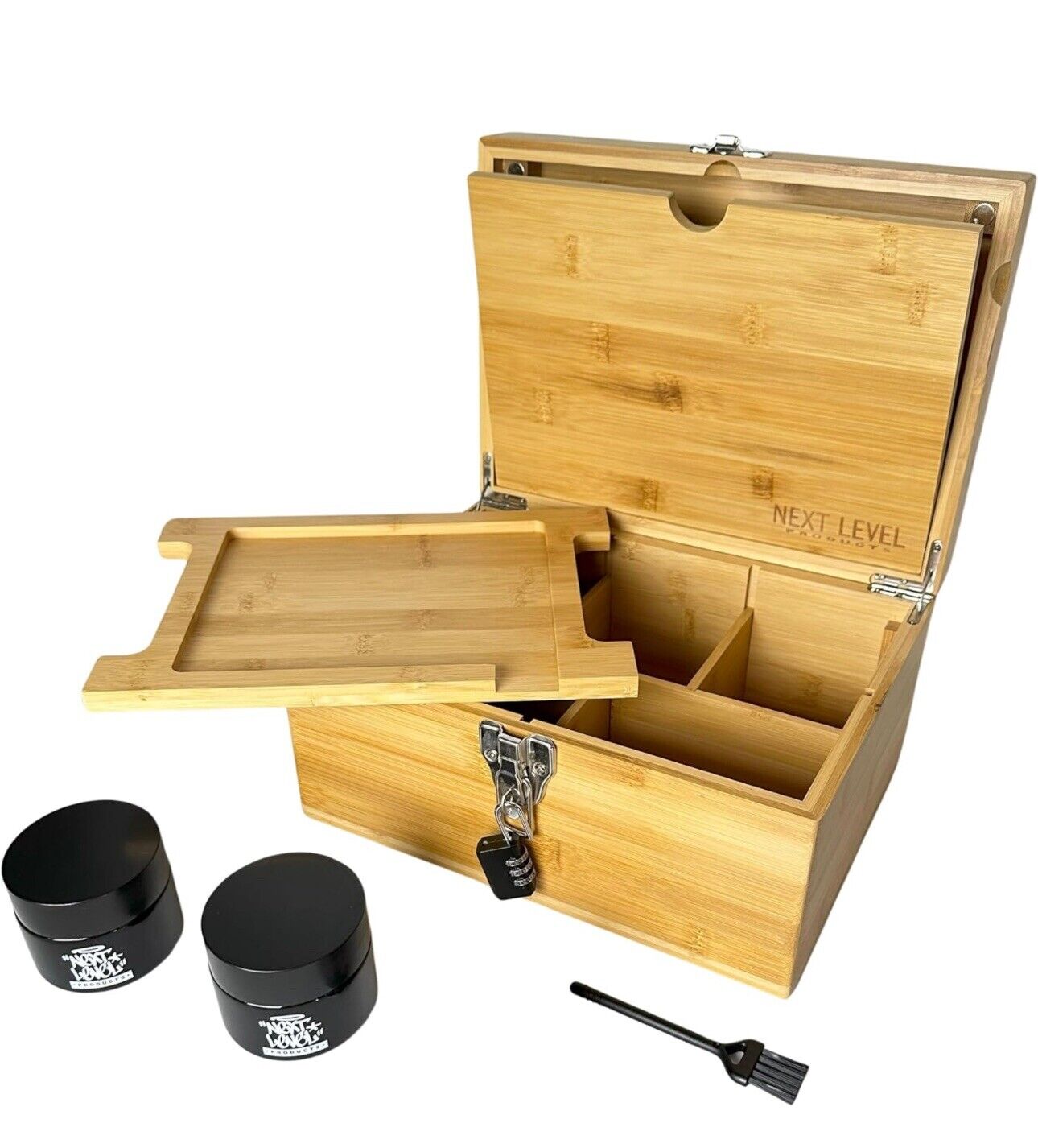 Premium Bamboo Next Level Stash Box Kit w/ Lock Wood Rolling Tray & Accessories
