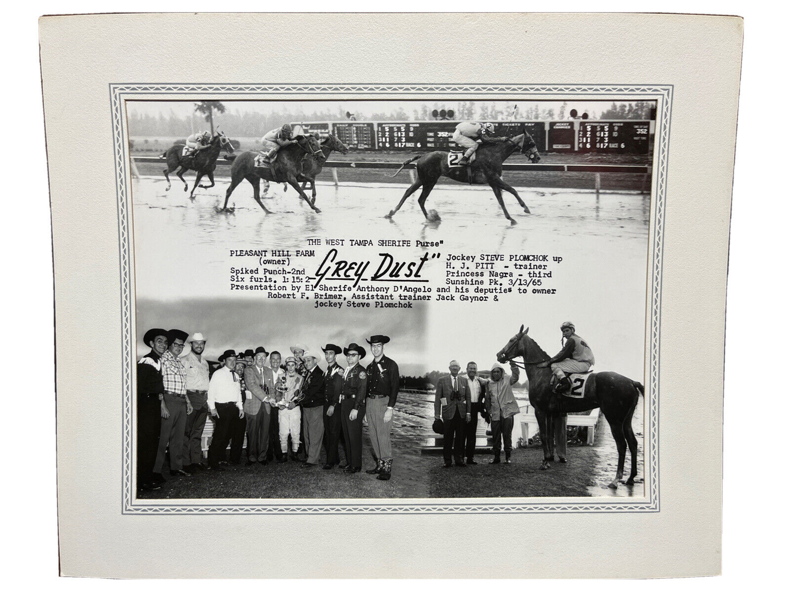 Rare Turfotos Horse Racing 1965 Grey Dust 11”x14” Mounted Photograph B&W Photo