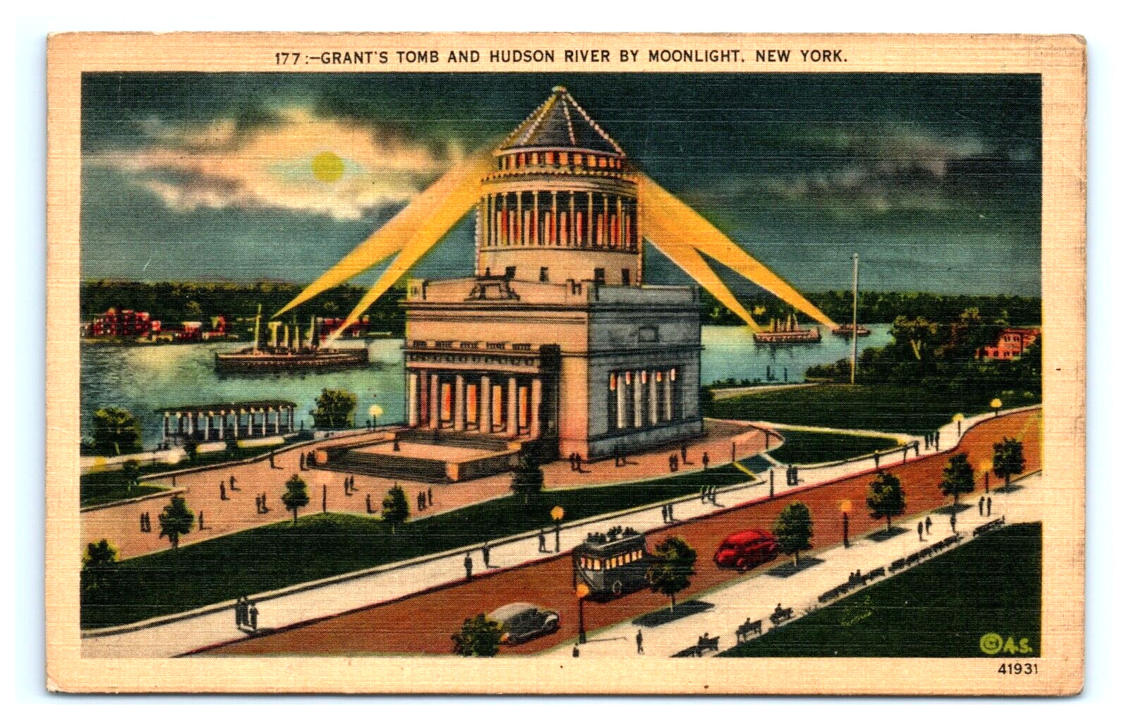 VTG Postcard New York City Hudson River Grants Tomb Moonlight Posted 1948 Linen