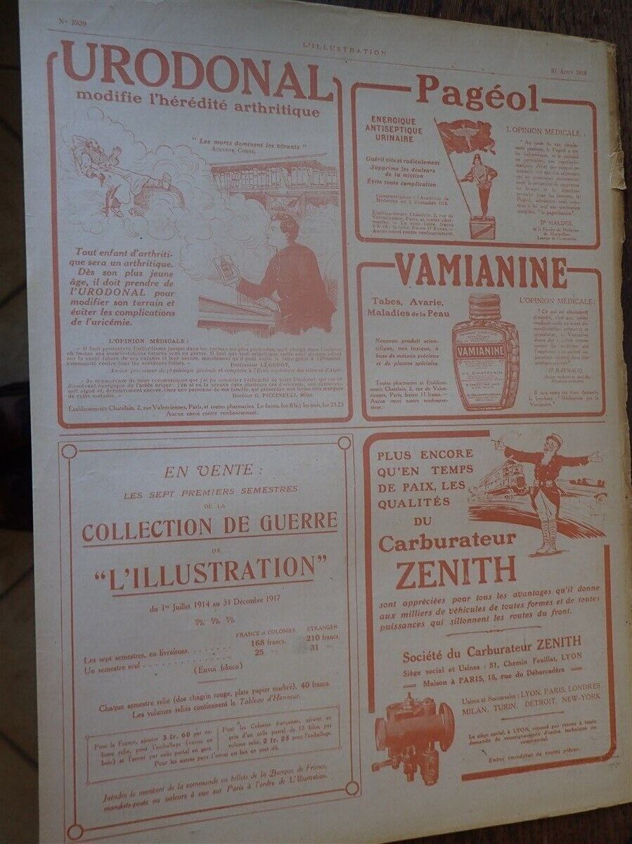 ZENITH + URODONAL + PAGEOL + VAMIANINE paper advertising ILLUSTRATION 1918