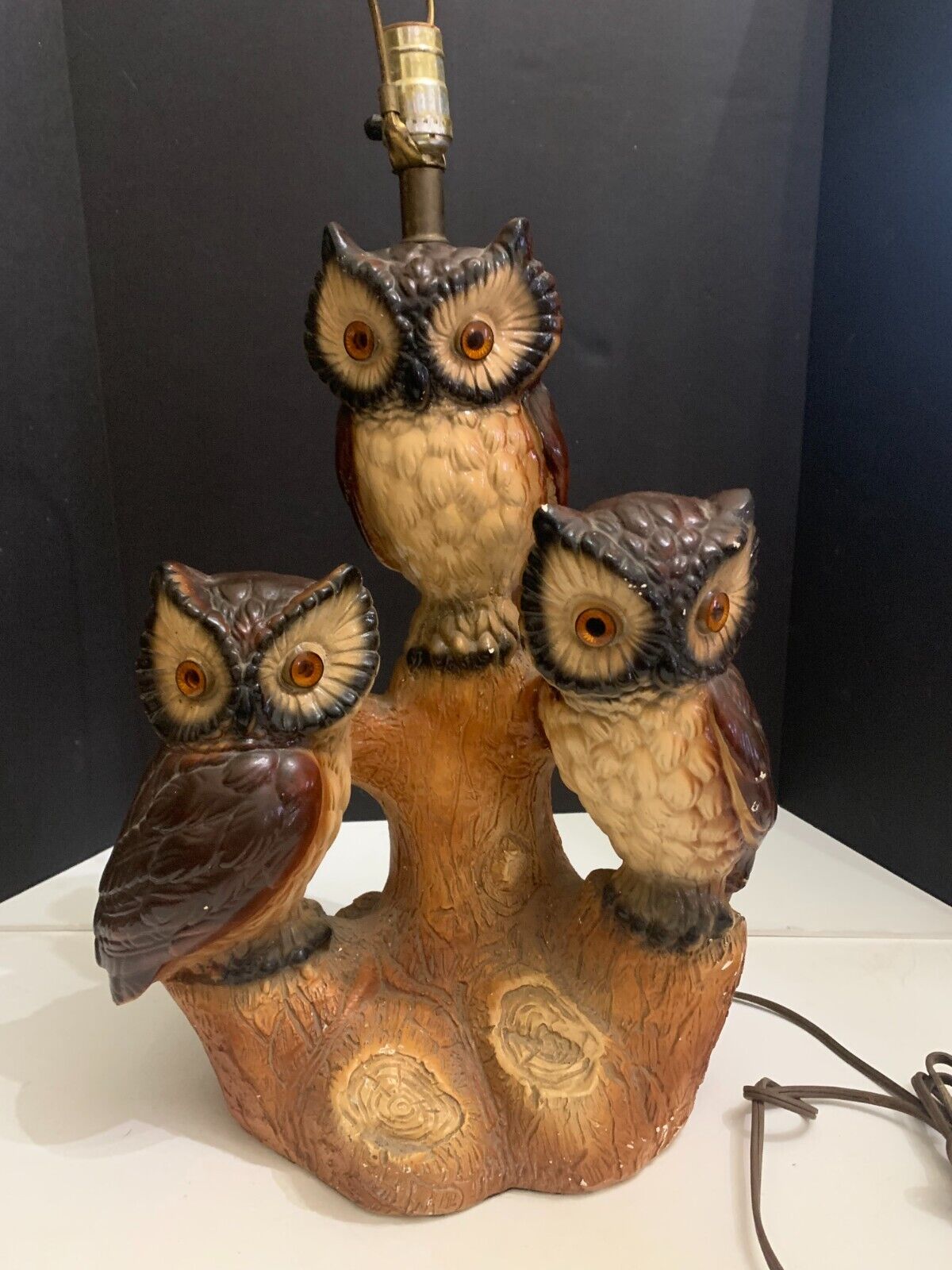 Vintage Mid Century 1970\'s Chalkware 3 Owls on Tree Branch Table Lamp Works