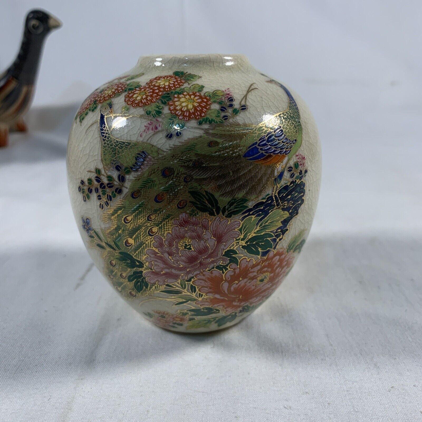 HAND PAINTED Vintage MCI JAPAN Detailed DOUBLE PEACOCK PORCELAIN VASE 4 IN.