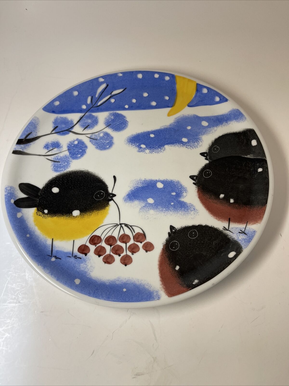 Handpainted Estonia porcelain Winter Chubby Bird Cake Plate