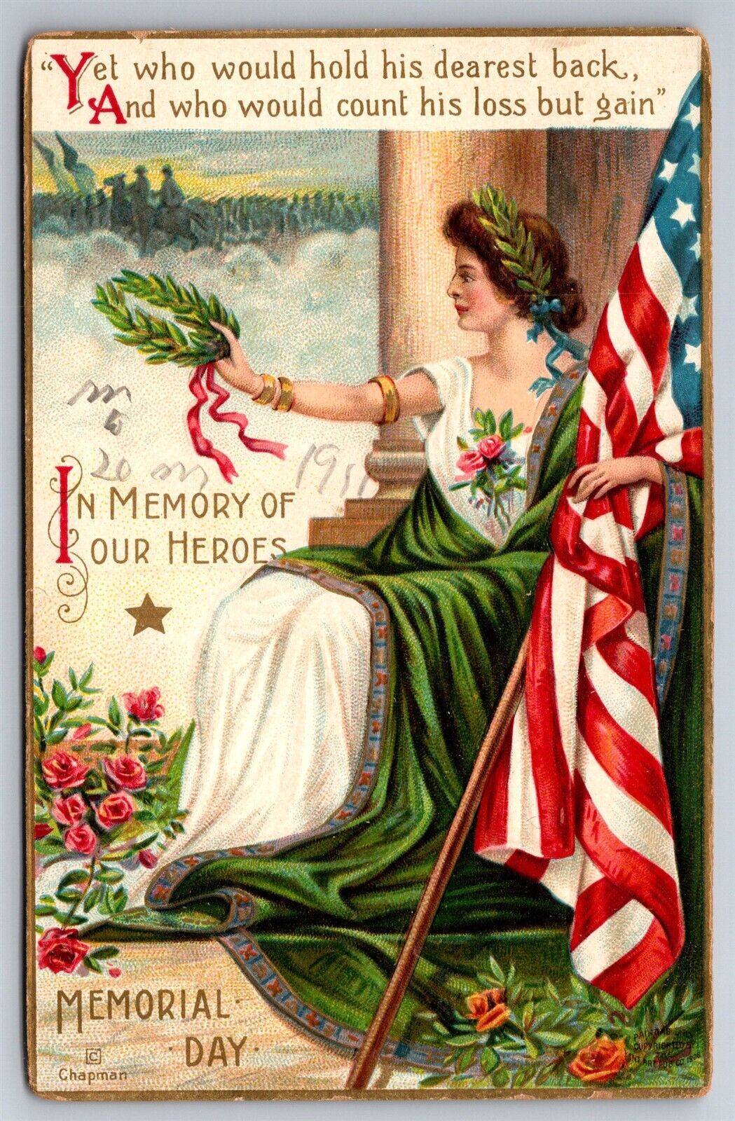 Liberty Lady With Flag Laurel Memorial Day Heroes Chapman C1906 Postcard J15