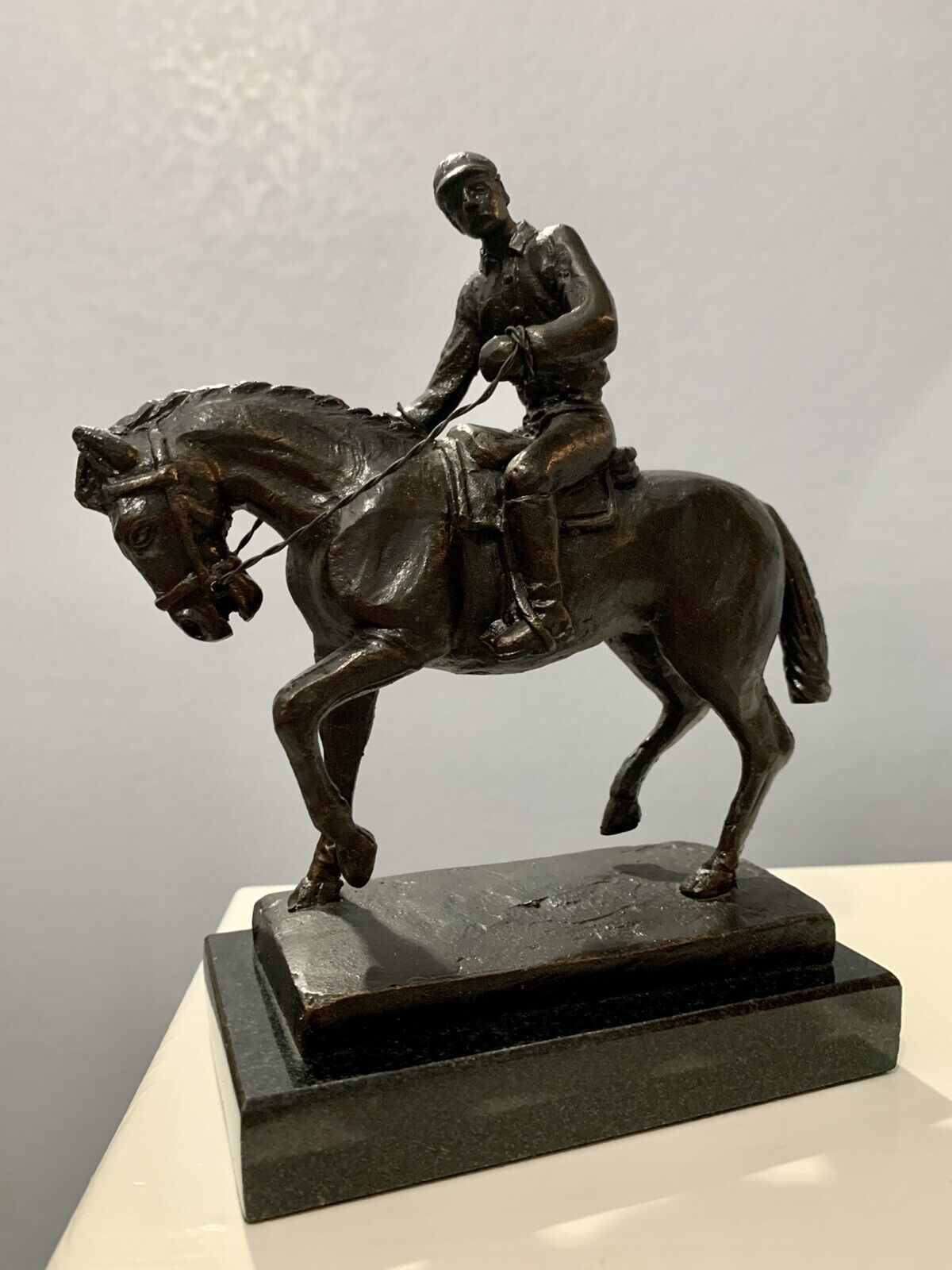 Jockey on Horse Rider Outdoor Indoor  Cast Iron Bronze Patina Statue
