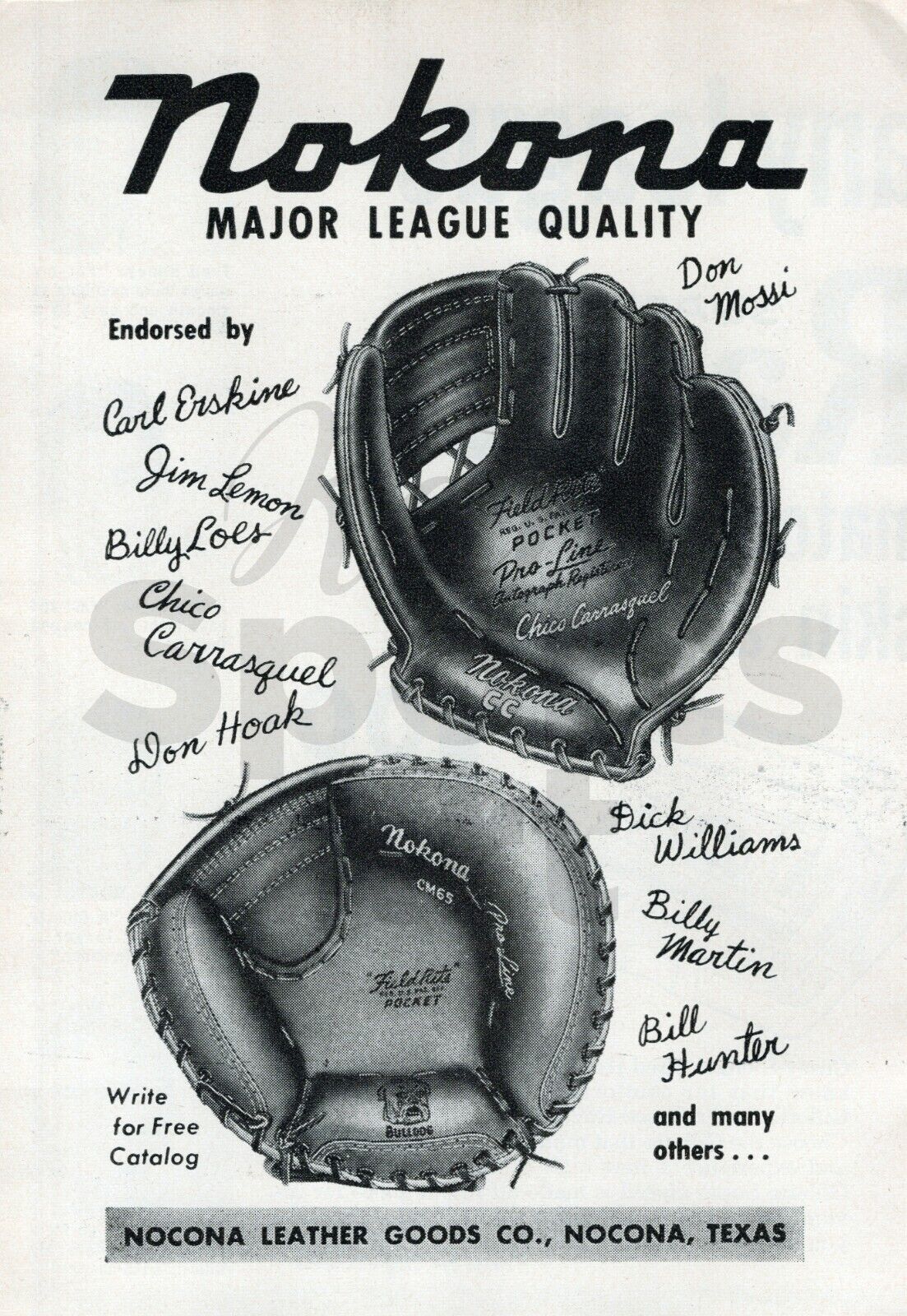 Nokona Baseball Glove Leather Mitt Texas Nocona 1959 Magazine Vintage Print Ad