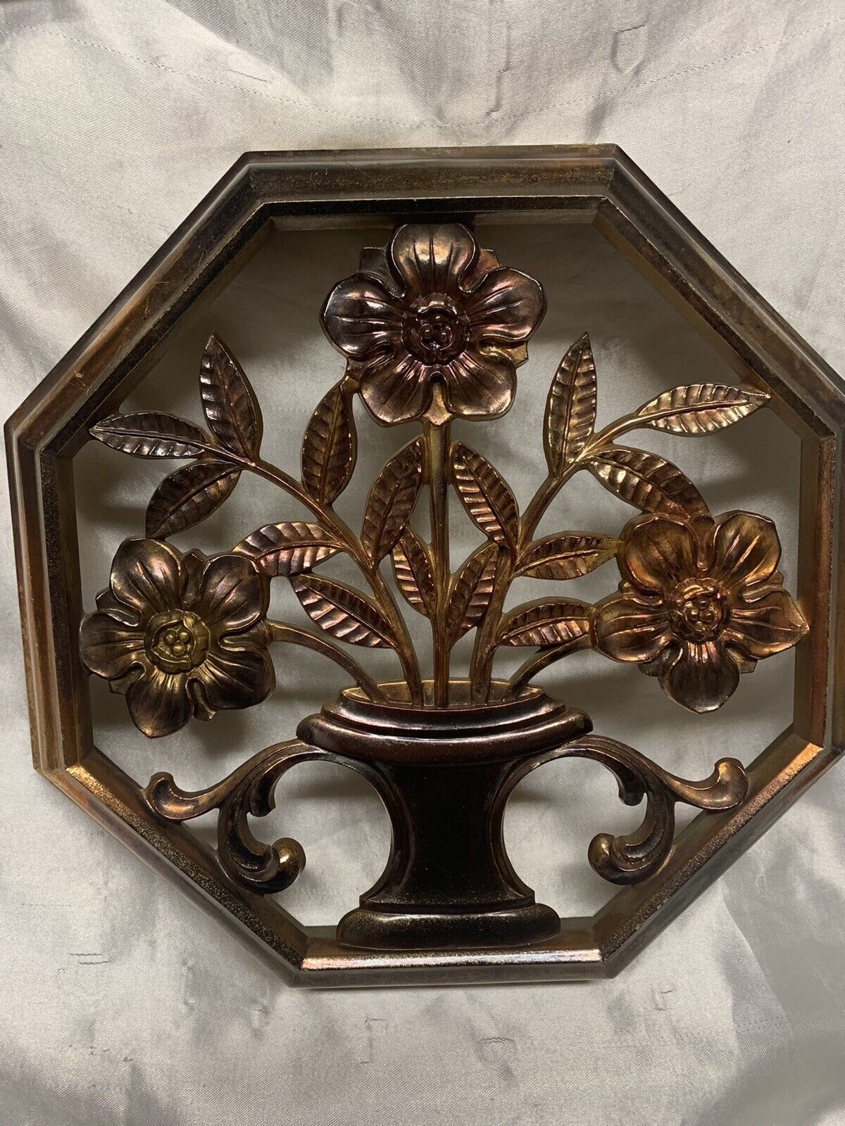 2 Vintage Syroco Bronze Flower Floral Vase Wall Plaques Mid Century Mod