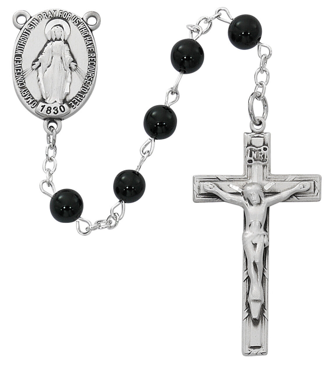 Catholic Miraculous Black Onxy Bead Rosary Pewter Center And Crucifix 6mm Beads