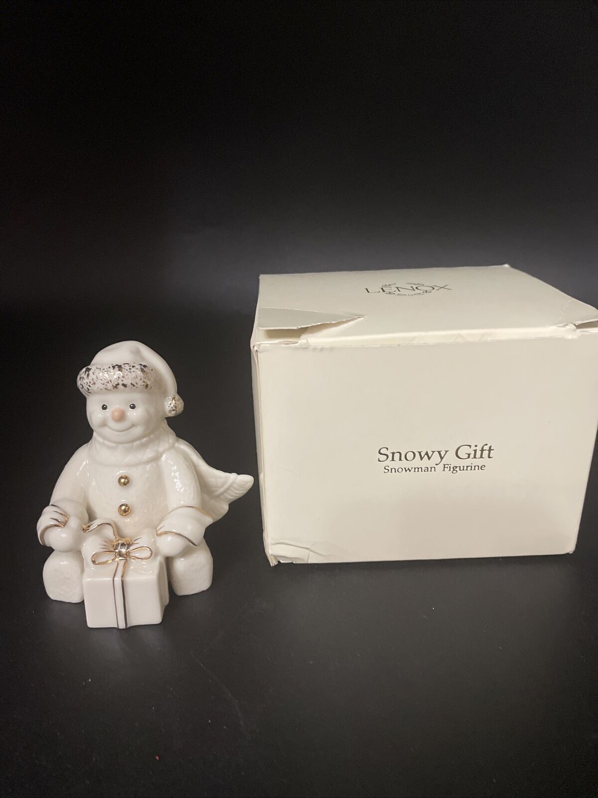 VTG LENOX “Snowy Gift” Snowman Porcel. Handcrafted Figurine Gold Accents-Unused